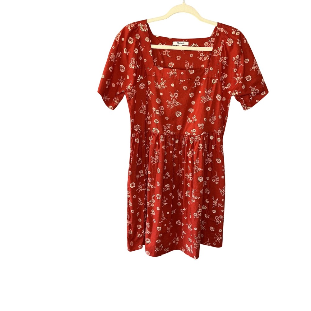 Madewell Rusty Red Floral Daisy Square Neck Empire Waist Mini Dress Pockets S